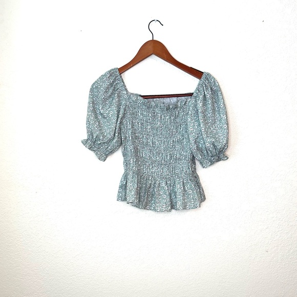 Floral Smocked Peplum Top Puff Sleeves Sage Green Cottagecore XL - Picture 2 of 5
